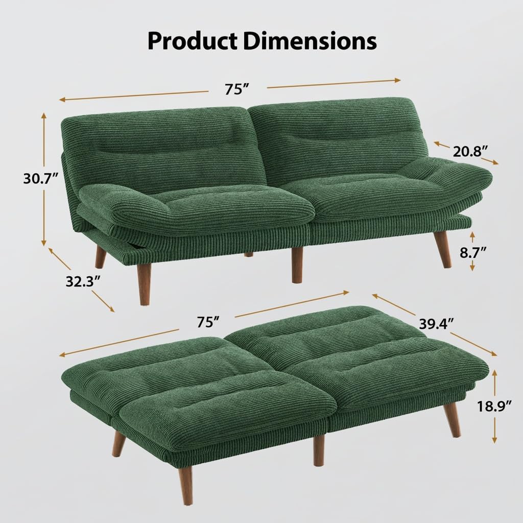 Pipishell Futon Sofa Bed, 75 Inch Corduroy Futon Couch Convertible with Adjustable Backrest and Armrests, Recliner Sleeper Sofa for Small Spaces, Living Room, Office, Guest Room (Green, 75 Inch)