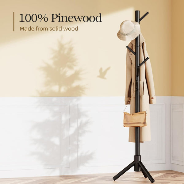Pipishell Solid Wooden Coat Rack Freestanding with 8 Hooks, Black