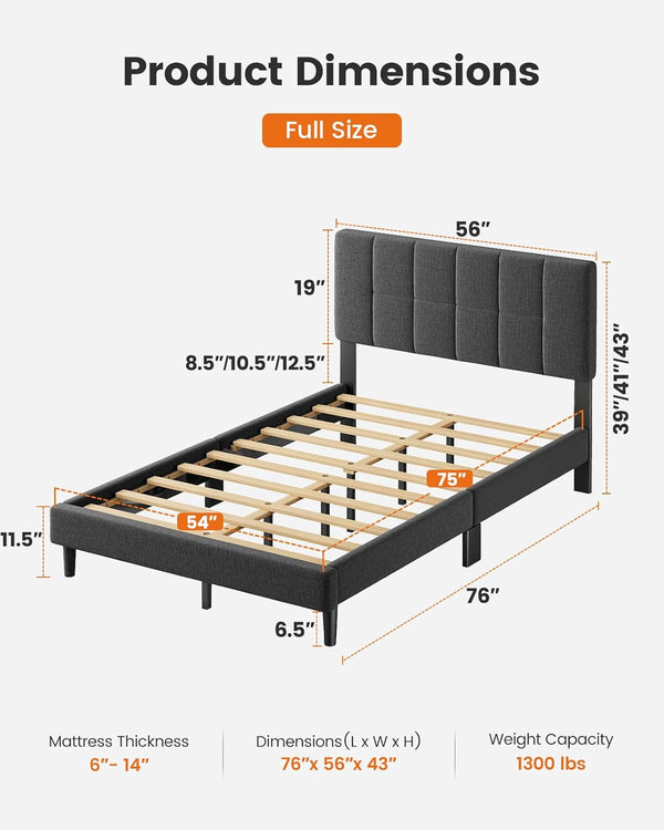 Pipishell Full Size Bed Frame with 12 Thickened Legs & Fabric Upholstered Headboard,1300 Lbs Weight Capacity, Adjustable Headboard, No Box Spring Needed, Easy Assembly, Underbed Storage（Solid Wood）