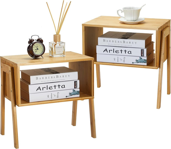 Pipishell Nightstands Set of 2, Bamboo Stackable Bedside Table, Night Stands with Storage Shelf, Small Bed Side Tables, 2-Tier End Table for Bedroom, Dorm and Small Space Storage (Natural)