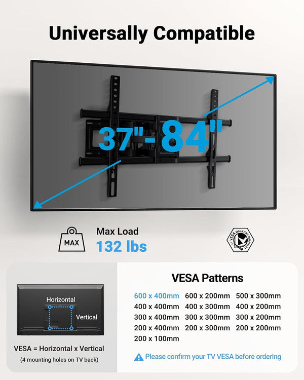Pipishell Full Motion TV Wall Mount for Most 37-84 Inch TVs up to 132lbs, Wall Mount TV Bracket Articulating Swivel Tilt Extension Leveling Max VESA 600x400mm Fits 12/16" Wood Stud, PILFK1