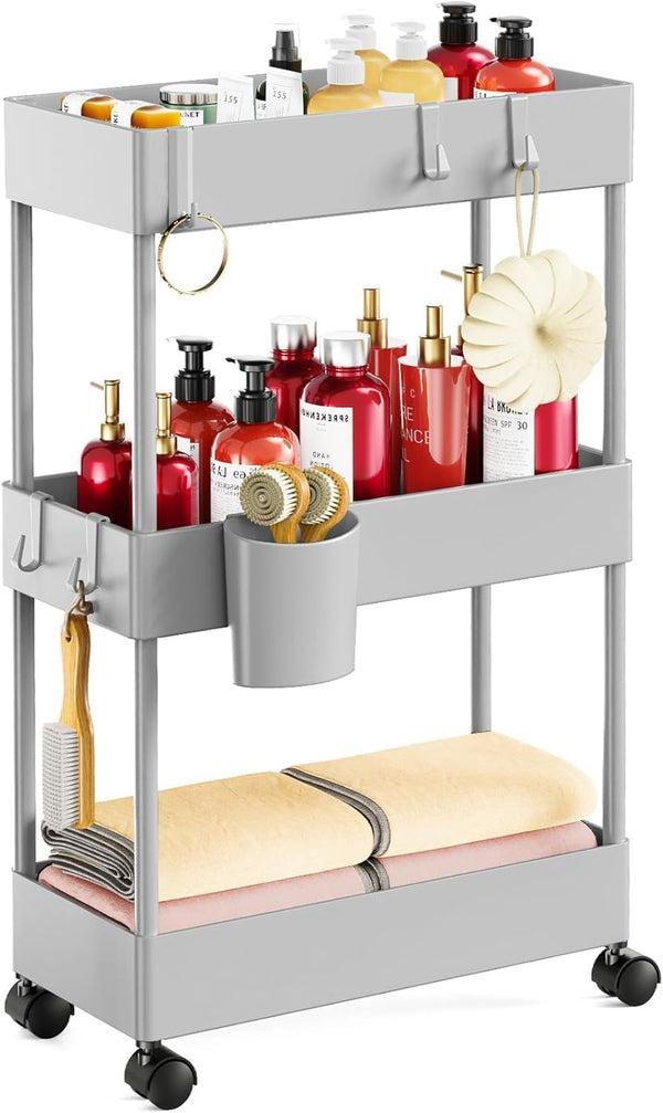 Pipishell Slim Storage Cart with Wheels - 3 Tier Bathroom Organizers and Storage Cart - Rolling Carts for Bathroom, Kitchen, Narrow Space, Laundry Room, Gray