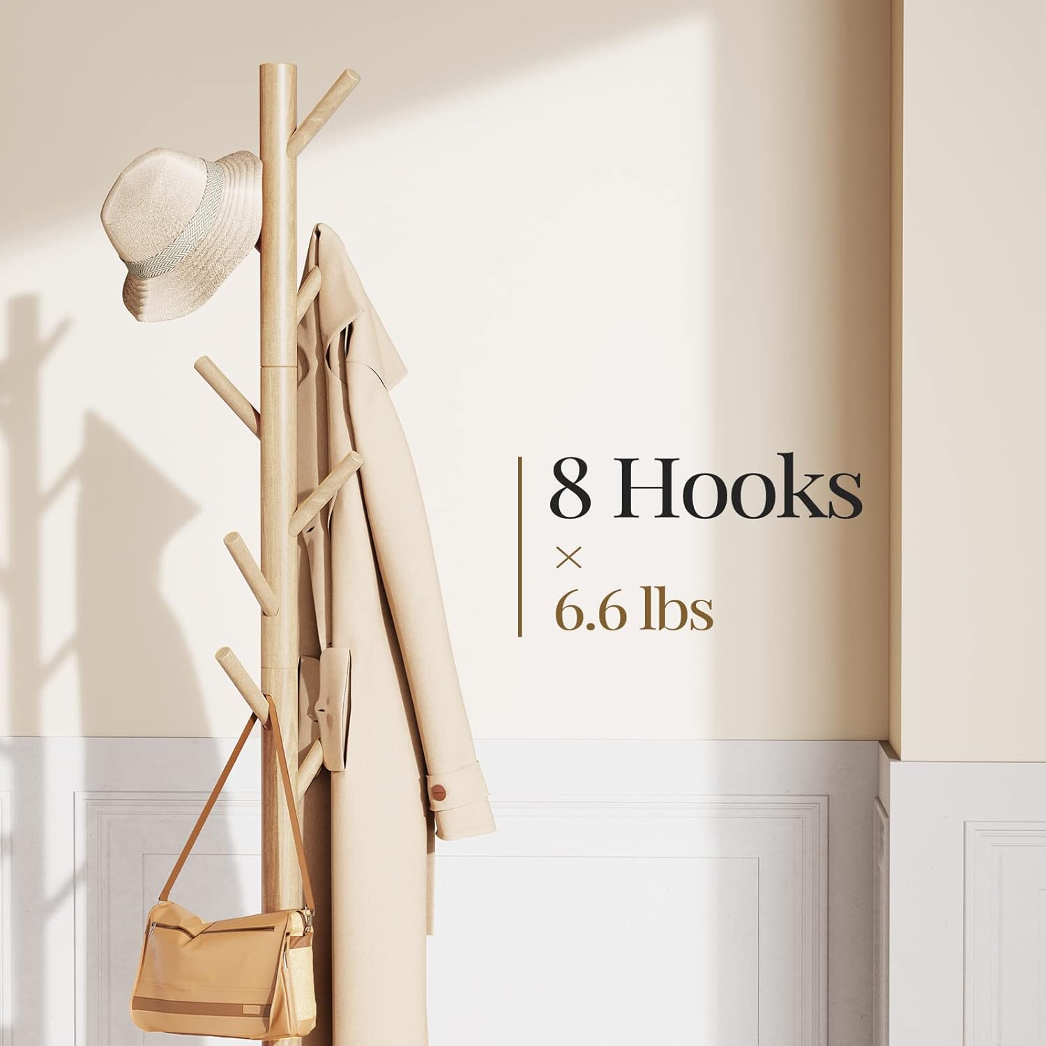 Pipishell Solid Wooden Coat Rack Freestanding, Hall Tree with 8 Hooks, 3 Height Options for Coats, Hats, Handbags, and Scarves, Tool-Free Assembly, Space Saving Design for Entryway, Office, Bedroom