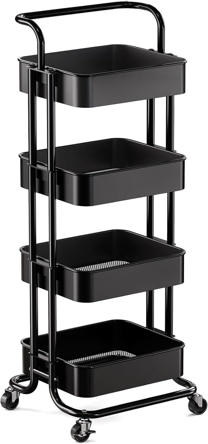 Pipishell 4 Tier Mesh Utility Cart, Rolling Metal Organization Cart with Handle and Lockable Wheels, Multifunctional Storage Shelves for Kitchen Living Room Office White, PIUC12B