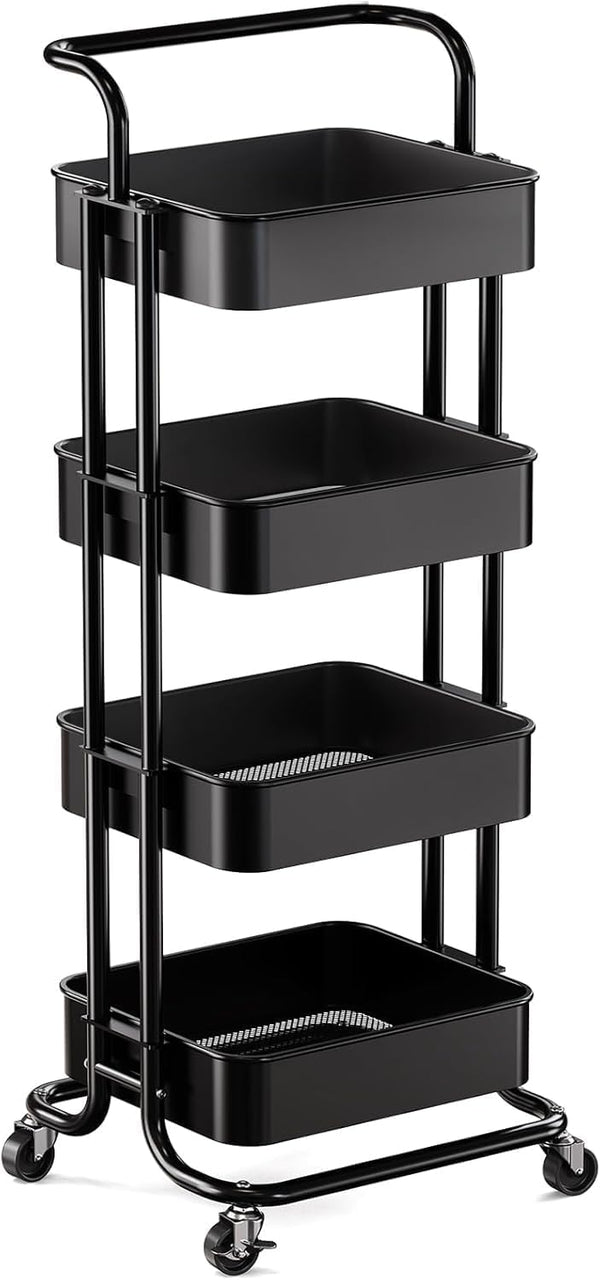 Pipishell 4 Tier Mesh Utility Cart, Rolling Metal Organization Cart with Handle and Lockable Wheels, Multifunctional Storage Shelves for Kitchen Living Room Office White, PIUC12B