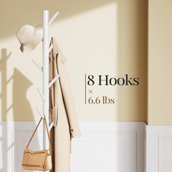 Pipishell Solid Wooden Coat Rack Freestanding with 8 Hooks, White