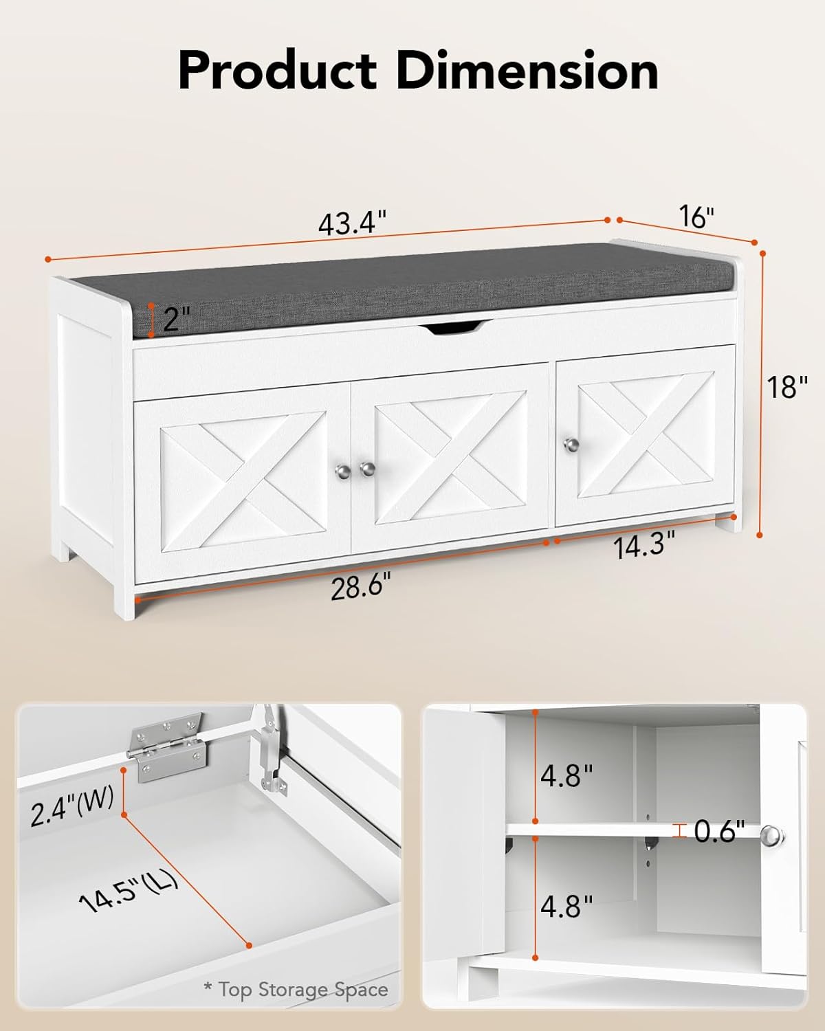 Pipishell 2-Tier Shoe Storage Bench with Cushioned Seat, Entryway Bench with Adjustable Shelf & Barn Doors, 300 lbs Capacity, 43.4