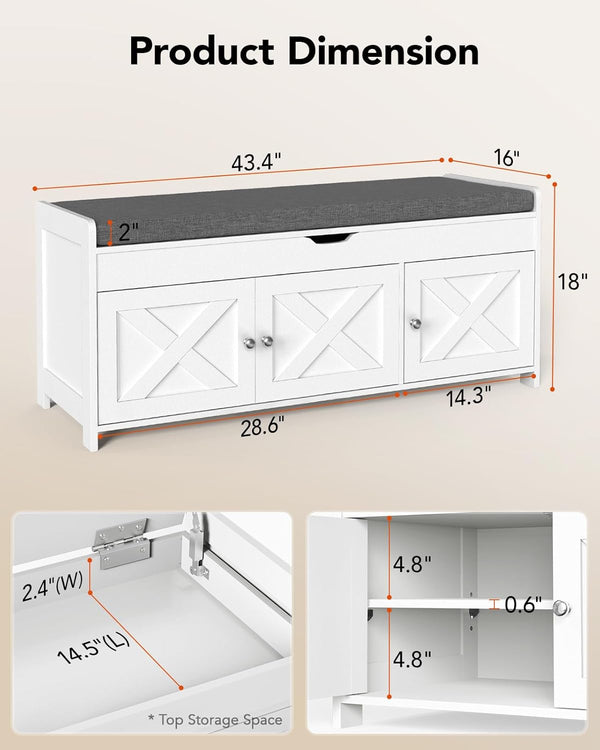 Pipishell 2-Tier Shoe Storage Bench with Cushioned Seat, Entryway Bench with Adjustable Shelf & Barn Doors, 300 lbs Capacity, 43.4" W x 16" D x 18" H, for Entryway, Bedroom, Living Room, White