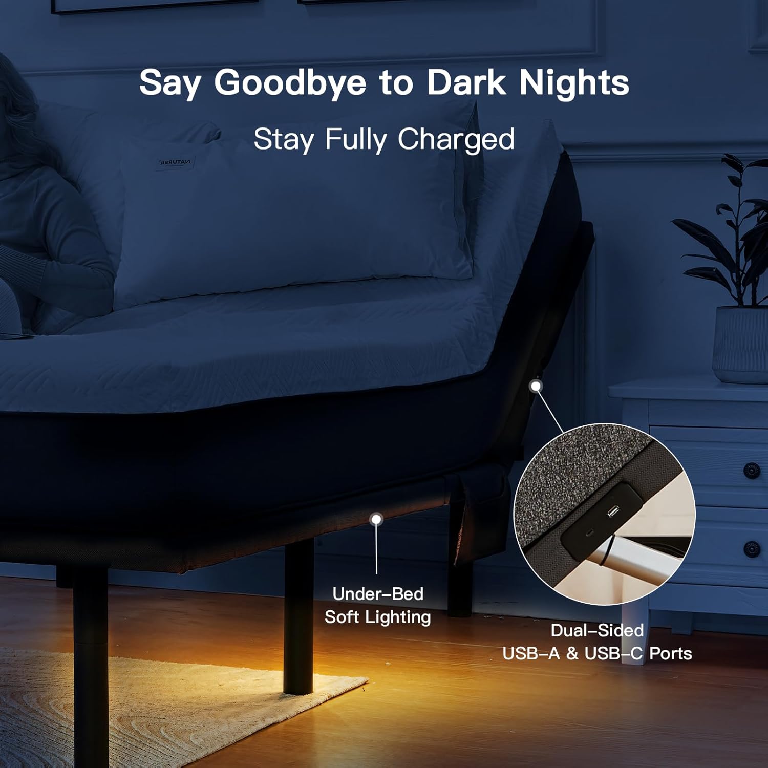 Pipishell Queen Adjustable Bed Frame with Massage, Electric Bed Base with Head & Foot Incline, USB-A & USB-C Ports, LED Under-Bed Lighting, 4 Leg Height Options, and Easy 3-Step Assembly