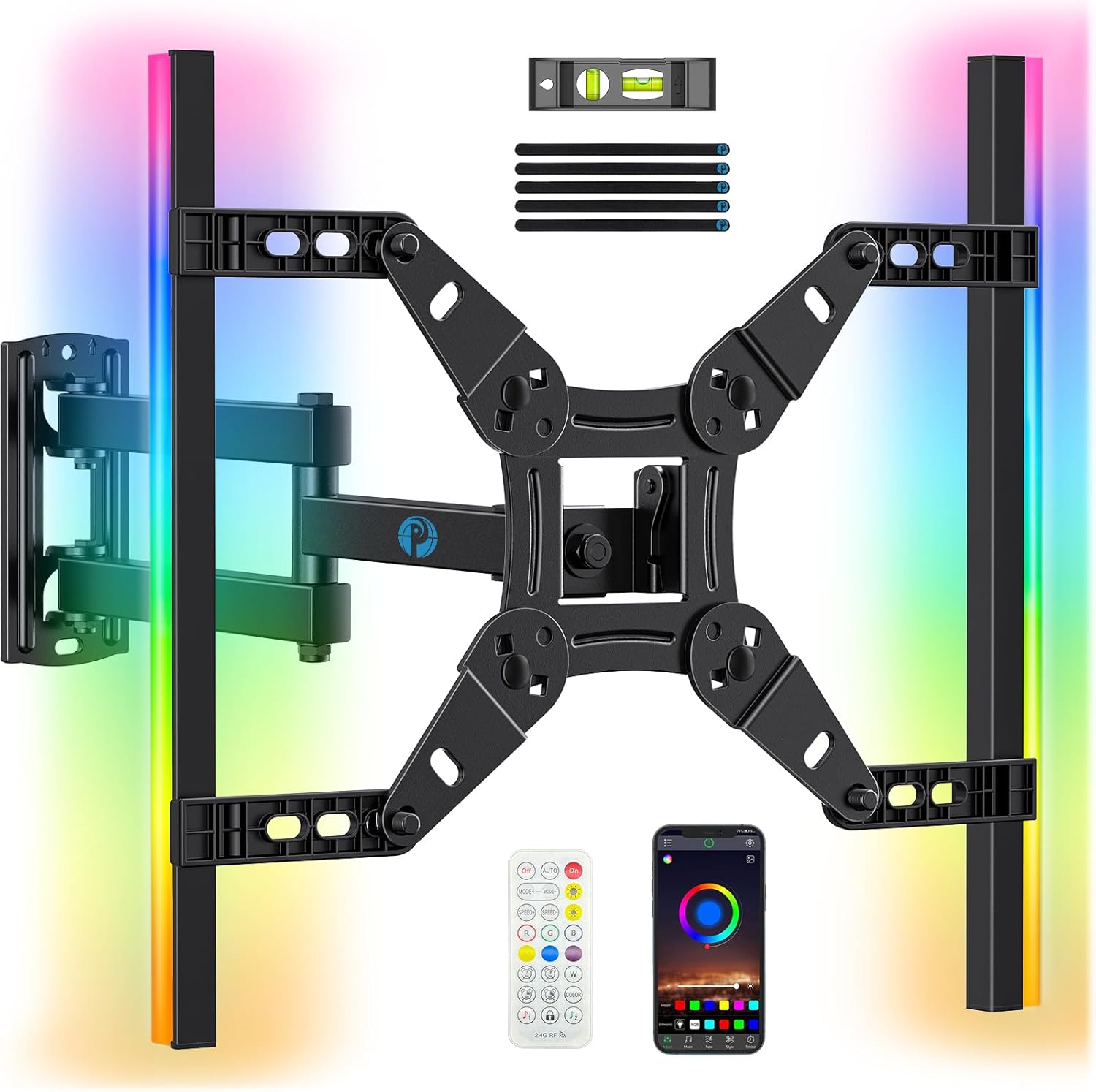 Pipishell Full Motion TV Wall Mount with LED Light for Echo Show 21/15 and 13″–43″ TVs up to 44 lbs, Max VESA 200 x 200mm, Backlit TV Mount with Music Sync, Rotation Swivel Extension Tilt, PISF06B