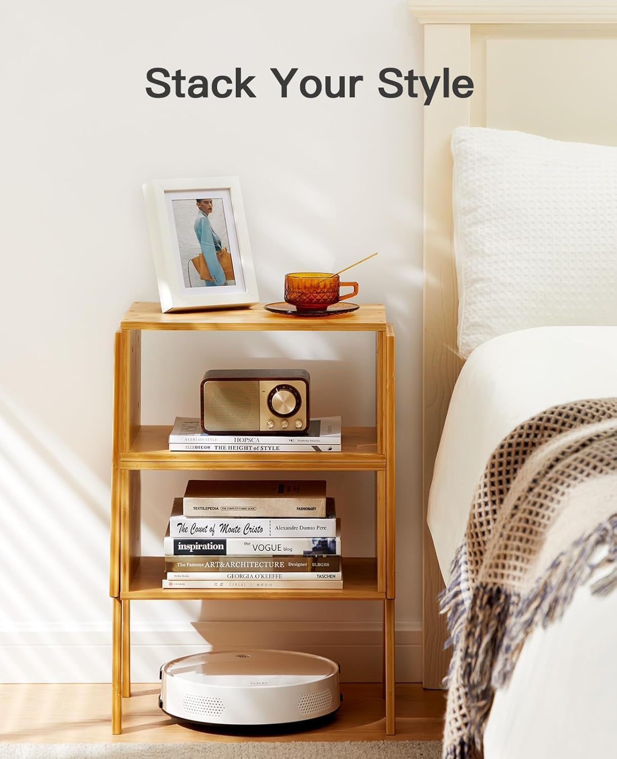 Pipishell Nightstands Set of 2, Bamboo Stackable Bedside Table, Night Stands with Storage Shelf, Small Bed Side Tables, 2-Tier End Table for Bedroom, Dorm and Small Space Storage (Natural)