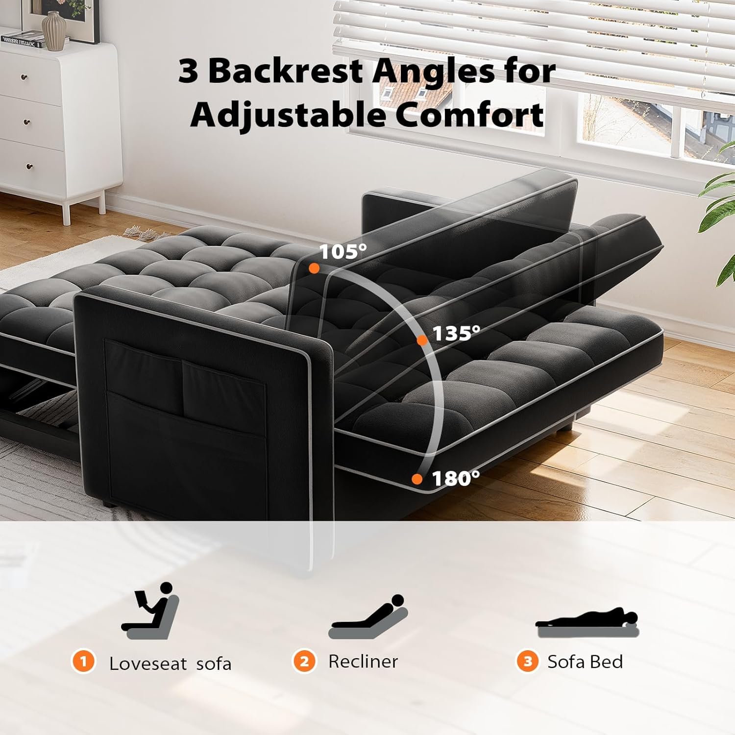 Pipishell 3-in-1 Convertible Sleeper Sofa Bed, Pull Out Couch for Living Room with USB Ports & Side Pockets, Adjustable Backrest, Velvet, Loveseat Sofa Bed, Futon Couches, Black