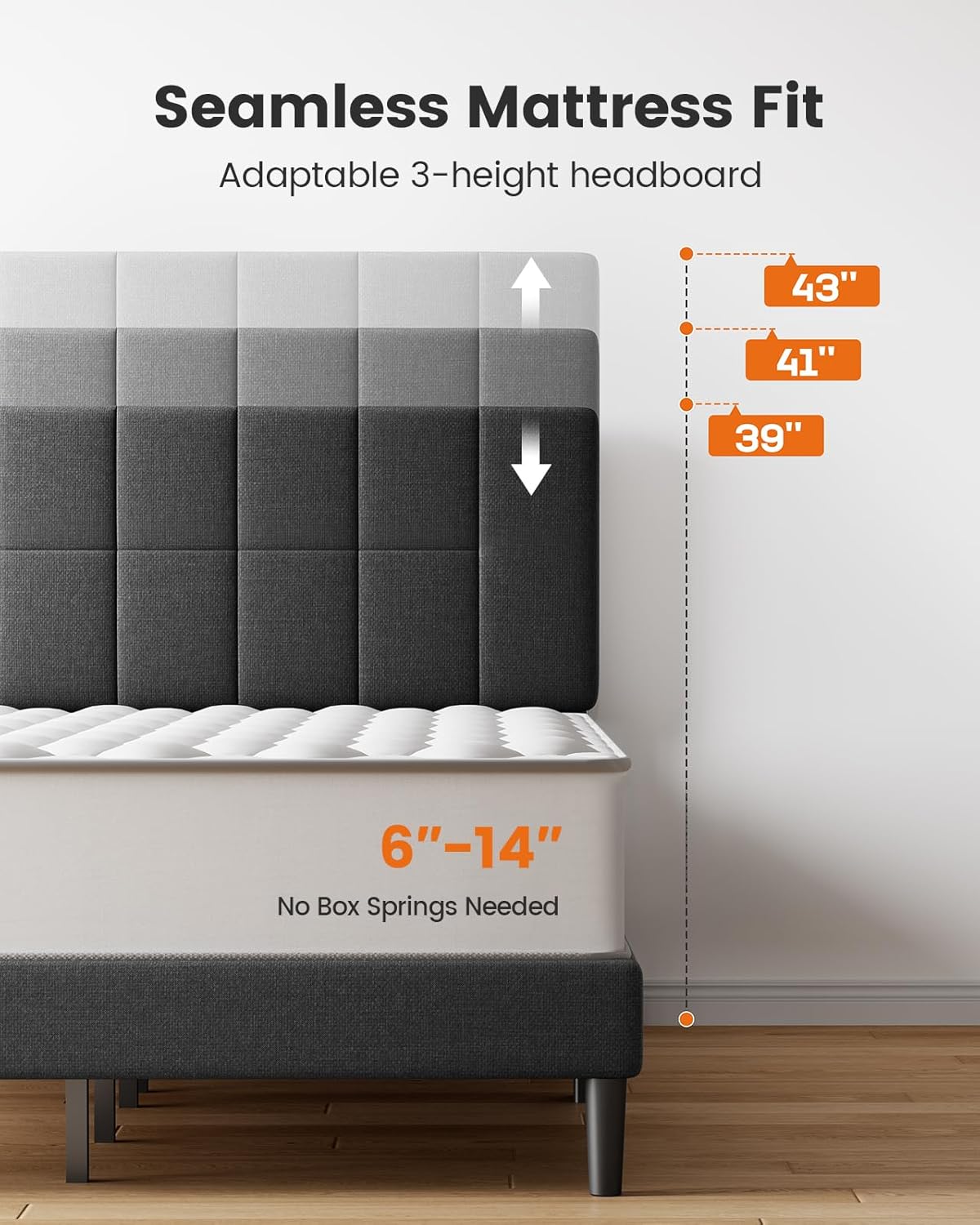 Pipishell Queen Size Bed Frame Upholstered Platform with Adjustable Headboard, 1300 lbs Strong Weight Capacity, Fully Upholstered Mattress Foundation, No Box Spring Needed, Asphalt Grey