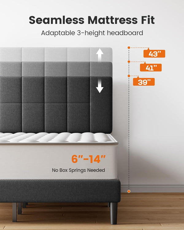 Pipishell Queen Size Bed Frame Upholstered Platform with Adjustable Headboard, 1300 lbs Strong Weight Capacity, Fully Upholstered Mattress Foundation, No Box Spring Needed, Asphalt Grey