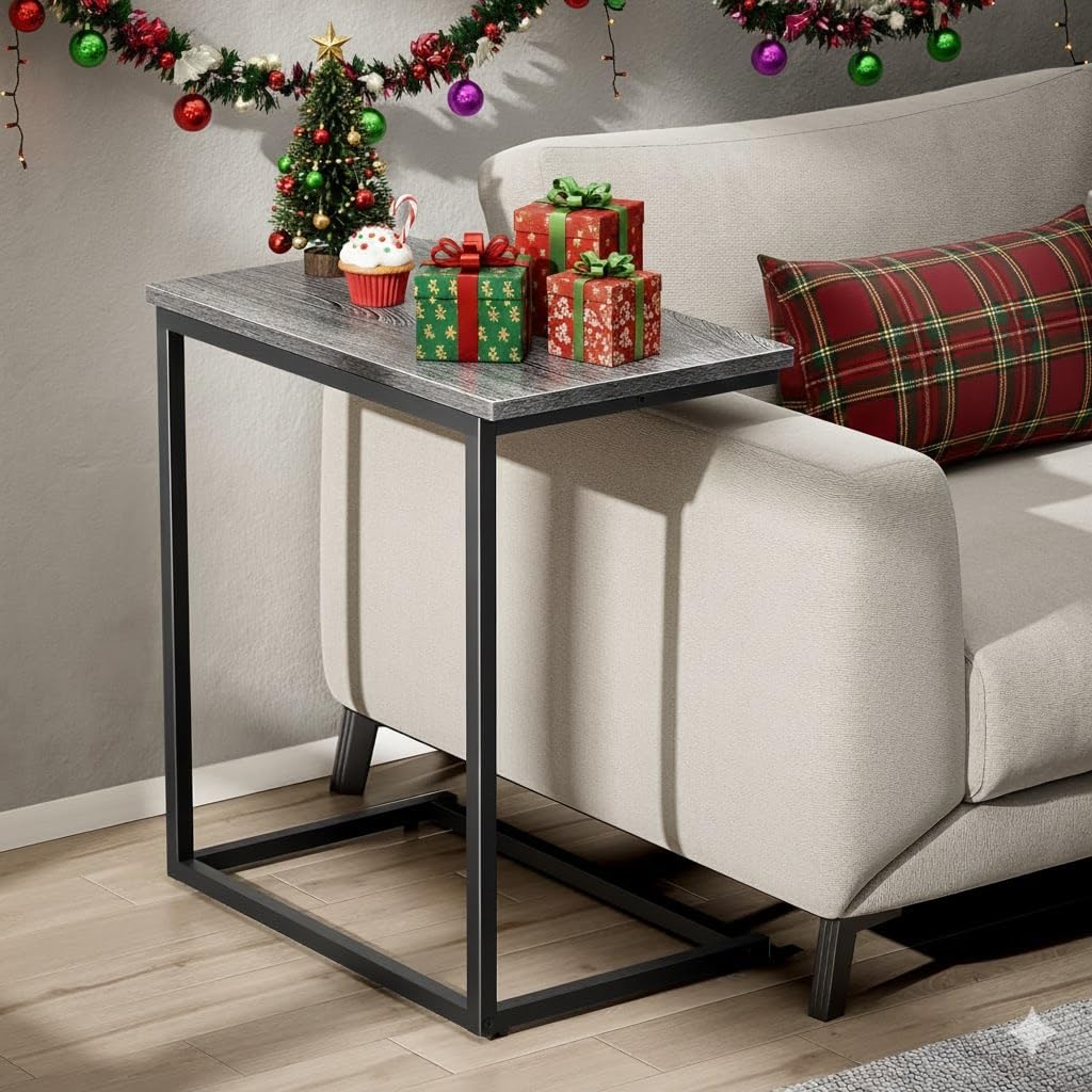 Pipishell C Shaped End Table 27 Inches High, Side Table for Couch Slide Under, Sofa Side Table for Living Room, Grey