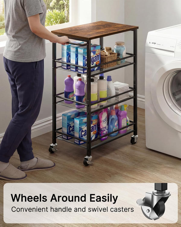 Pipishell Slim Storage Cart with Wheels, 4 Tier Rolling Bathroom Storage Cart with Handle and Wood Top, Metal Slim Kitchen Cart for Laundry Room, Bathroom, Kitchen, Narrow Space, Black & Rustic Brown