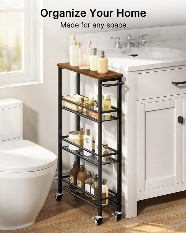 Pipishell Slim Storage Cart with Wheels - 4 Tier Rolling Kitchen Storage Cart with Handle and Wood Top, Metal Slim Bathroom Cart for Laundry Room, Bathroom, Kitchen, Narrow Space, Black & Rustic Brown