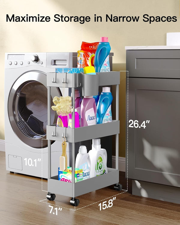 Pipishell Slim Storage Cart with Wheels - 3 Tier Bathroom Organizers and Storage Cart - Rolling Carts for Bathroom, Kitchen, Narrow Space, Laundry Room, Gray