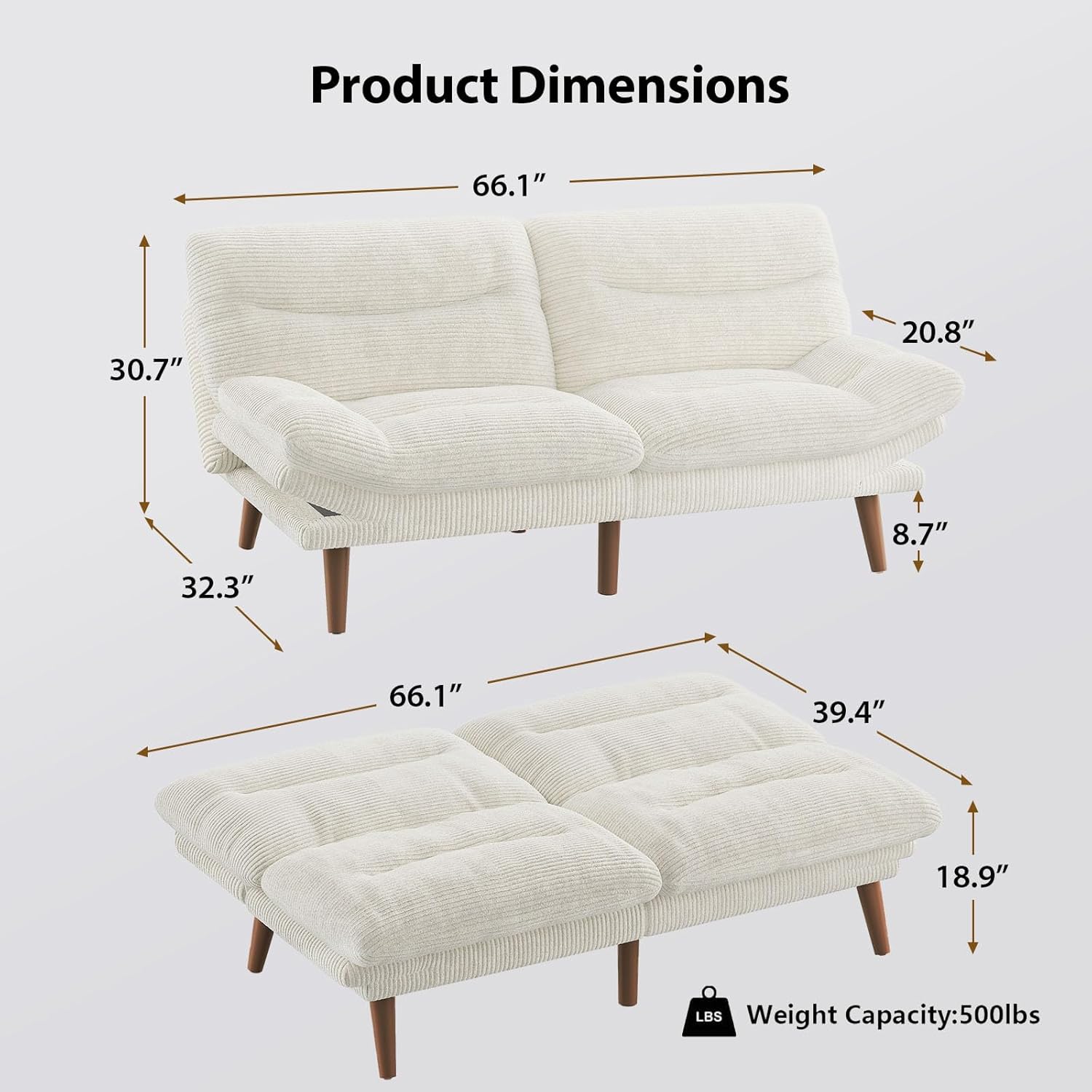 Pipishell Convertible Futon Sofa Bed, 66″ Corduroy Futon Couch with Adjustable Backrest and Armrests, Recliner Sleeper Sofa for Small Spaces, Play Room or Office, White