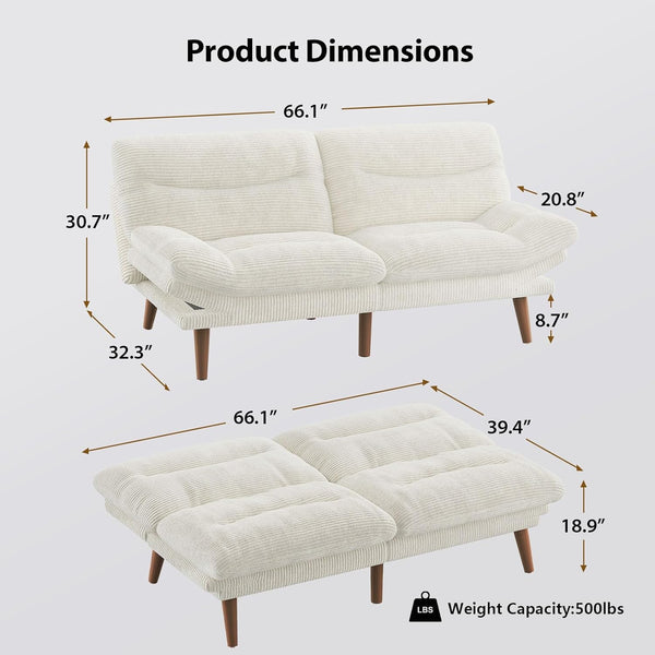 Pipishell Convertible Futon Sofa Bed, 66″ Corduroy Futon Couch with Adjustable Backrest and Armrests, Recliner Sleeper Sofa for Small Spaces, Play Room or Office, White