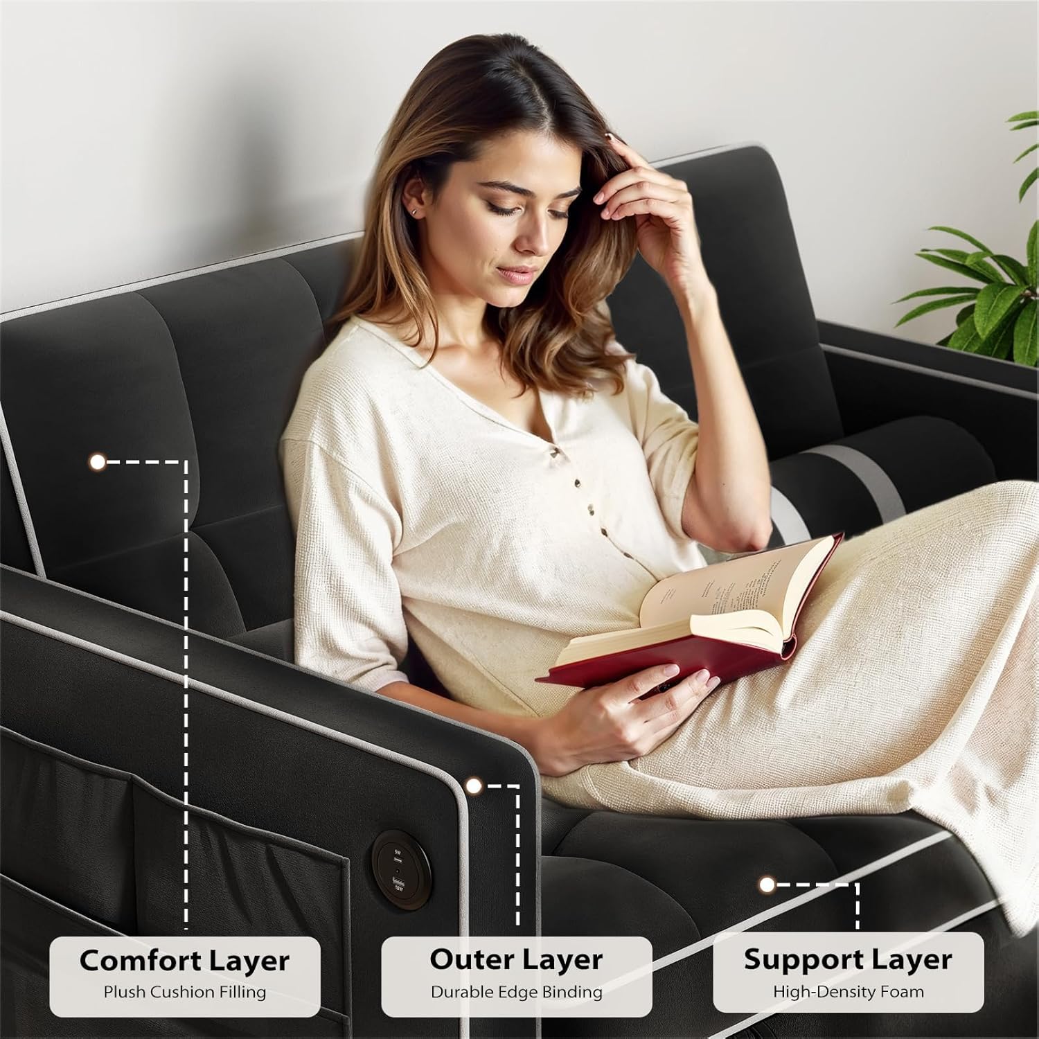 Pipishell 3-in-1 Convertible Sleeper Sofa Bed, Pull Out Couch for Living Room with USB Ports & Side Pockets, Adjustable Backrest, Velvet, Loveseat Sofa Bed, Futon Couches, Black