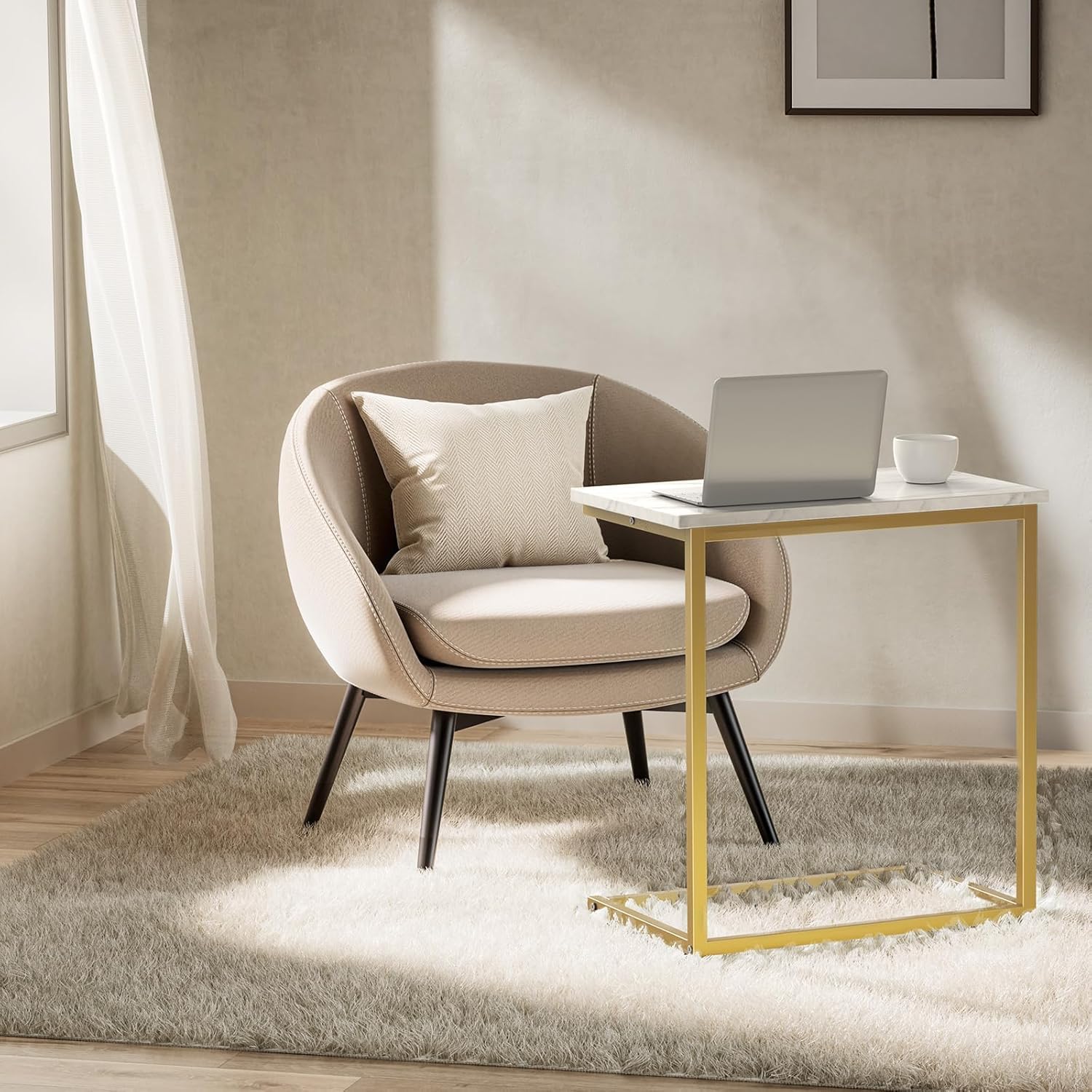 Pipishell C Shaped End Table 27 inches High, Side Table with Modern Marbling Wood Table Top for Couch Slide Under, C Table Sofa Side End Table for Living Room