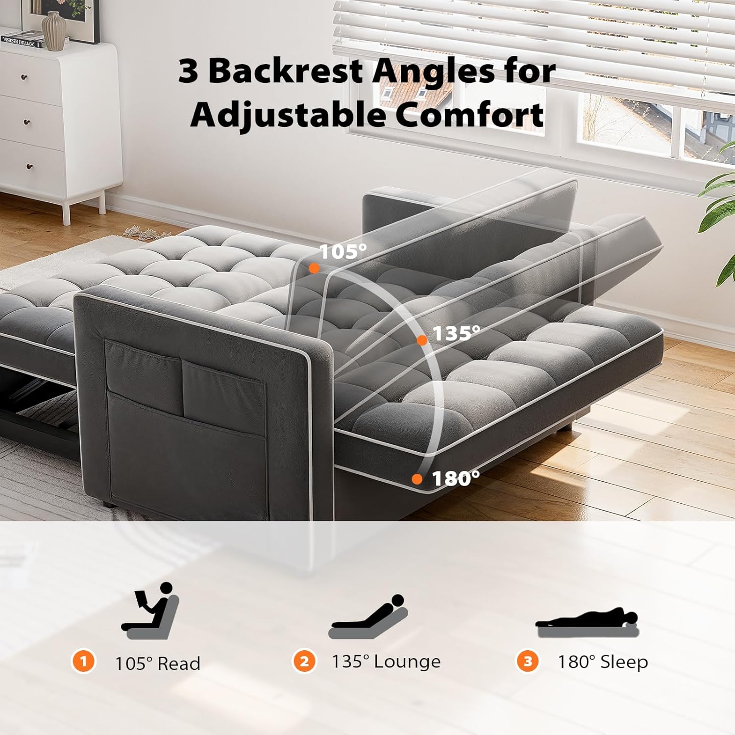 Pipishell 3 in 1 Convertible Sleeper Sofa Bed, Pull Out Couch for Living Room with USB Ports & Side Pockets, Adjustable Backrest, Velvet, Loveseat Sofa Bed, Futon Couches