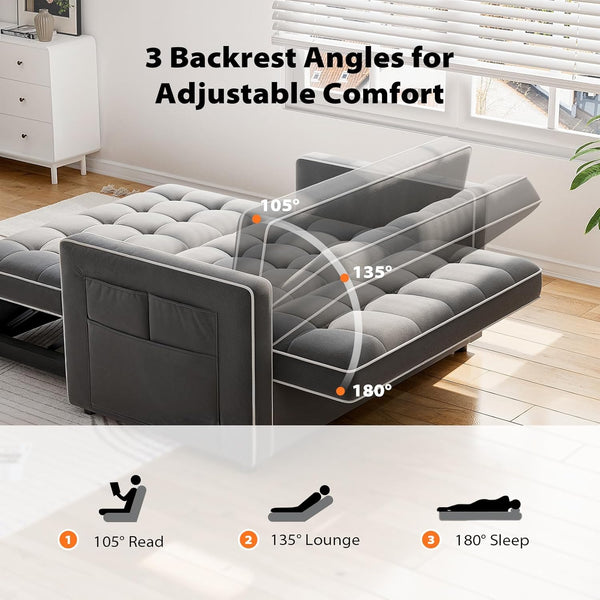 Pipishell 3 in 1 Convertible Sleeper Sofa Bed, Pull Out Couch for Living Room with USB Ports & Side Pockets, Adjustable Backrest, Velvet, Loveseat Sofa Bed, Futon Couches
