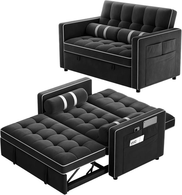 Pipishell 3-in-1 Convertible Sleeper Sofa Bed, Pull Out Couch for Living Room with USB Ports & Side Pockets, Adjustable Backrest, Velvet, Loveseat Sofa Bed, Futon Couches, Black