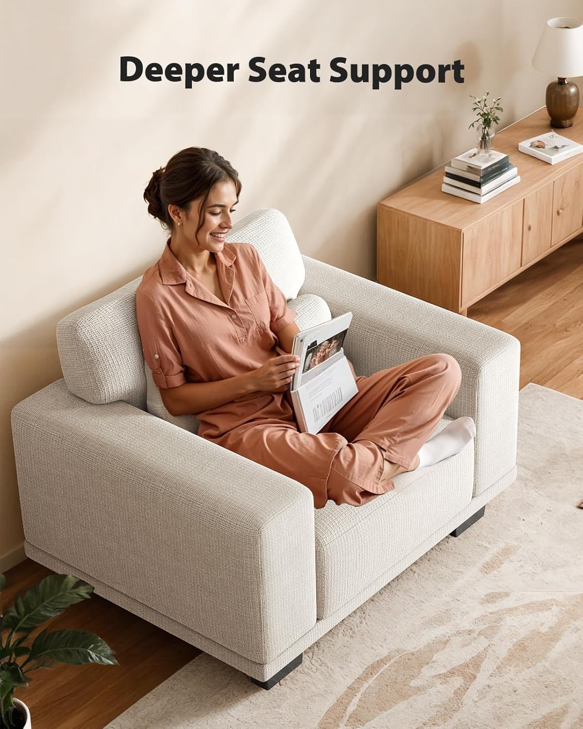 Pipishell Accent Chair, Modern Linen Living Room Chairs with Thick Cushion & Wide Armrests, Reading Chair Comfy Arm Chair, Removable Sofa Cushion and Cover, Easy to Install, White