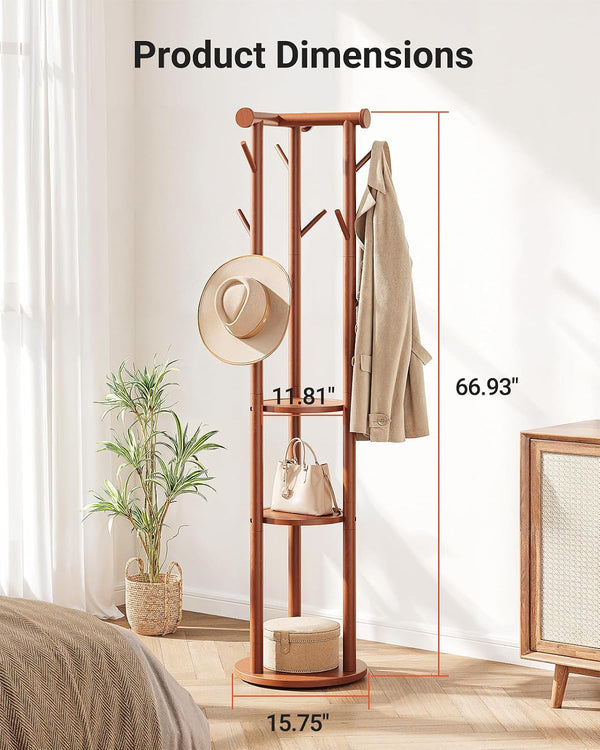 Pipishell Solid Wood Freestanding Coat Rack with 5 Wheels, 9 Hooks, Shelves