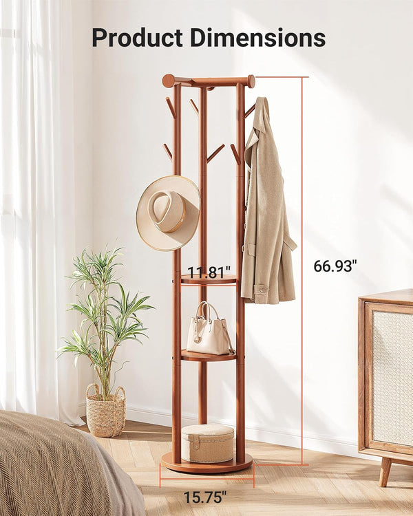 Pipishell Rolling Pine Wood Coat Rack, Freestanding Coat Tree with Wheels, 9 Hooks, T-Shaped Top & 3-Tier Shelves for Entryway, Hallway, Bedroom, Hall Tree for Coats, Bags, Hats & Scarves