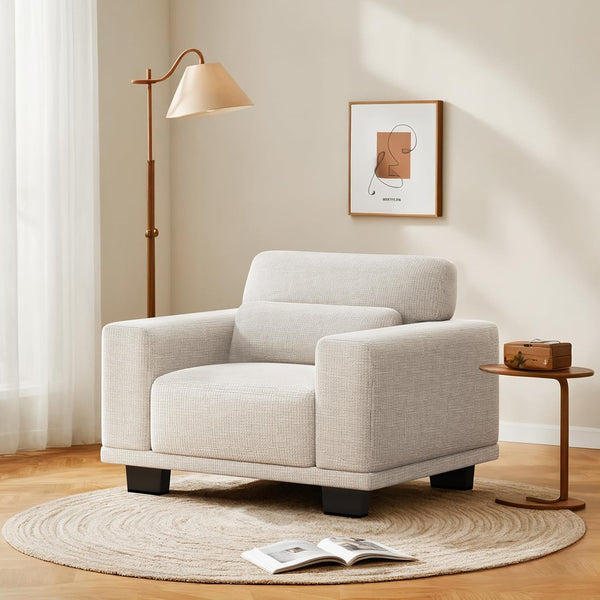 Pipishell Accent Chair, Modern Linen Living Room Chairs with Thick Cushion & Wide Armrests, Reading Chair Comfy Arm Chair, Removable Sofa Cushion and Cover, Easy to Install, White