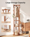 Pipishell Rolling Pine Wood Coat Rack, Freestanding Coat Tree with Wheels, 9 Hooks, T-Shaped Top & 3-Tier Shelves for Entryway, Hallway, Bedroom, Hall Tree for Coats, Bags, Hats & Scarves