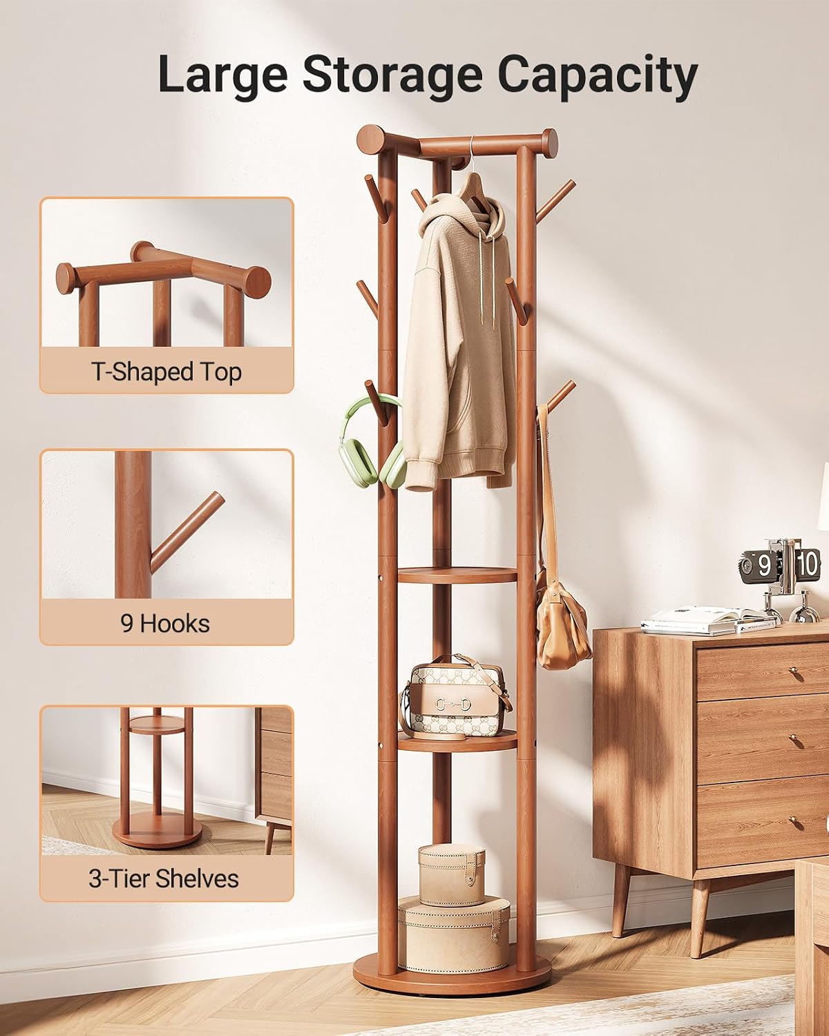 Pipishell Solid Wood Freestanding Coat Rack with 5 Wheels, 9 Hooks, Shelves