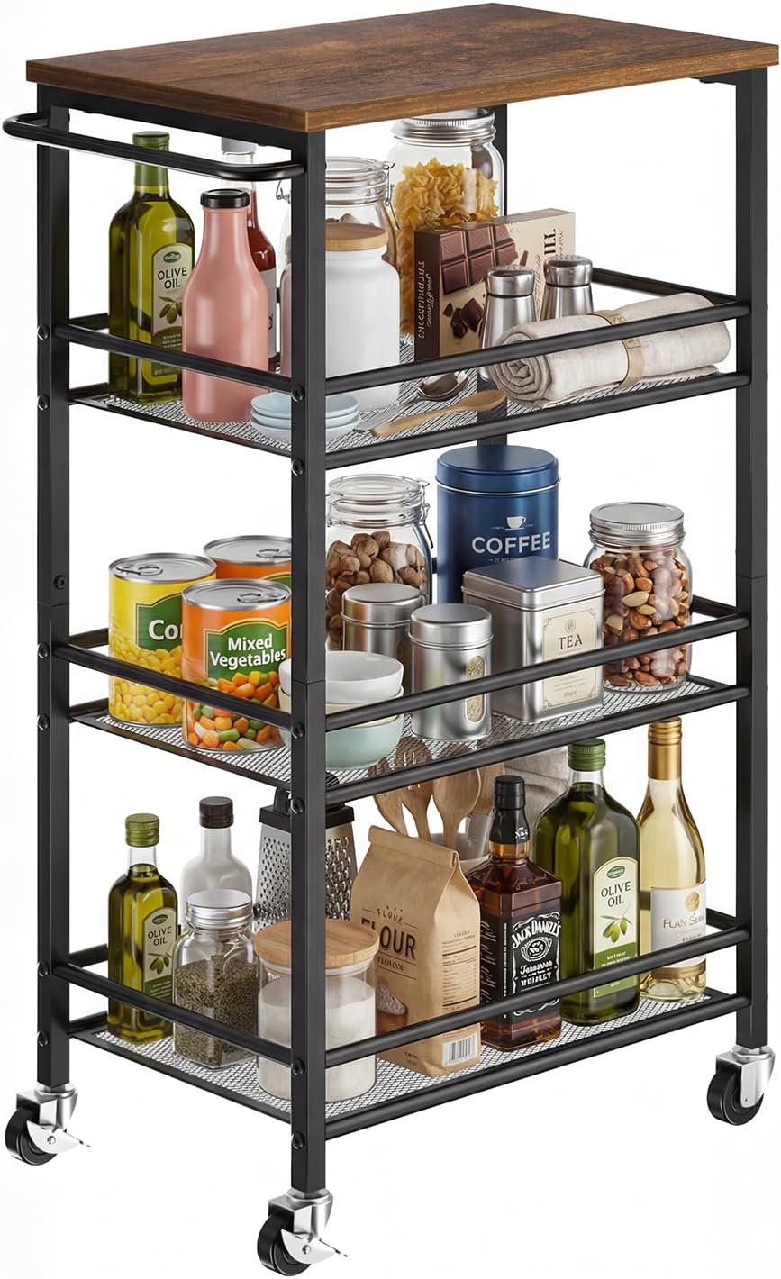 Pipishell Slim Storage Cart with Wheels, 4 Tier Rolling Bathroom Storage Cart with Handle and Wood Top, Metal Slim Kitchen Cart for Laundry Room, Bathroom, Kitchen, Narrow Space, Black & Rustic Brown