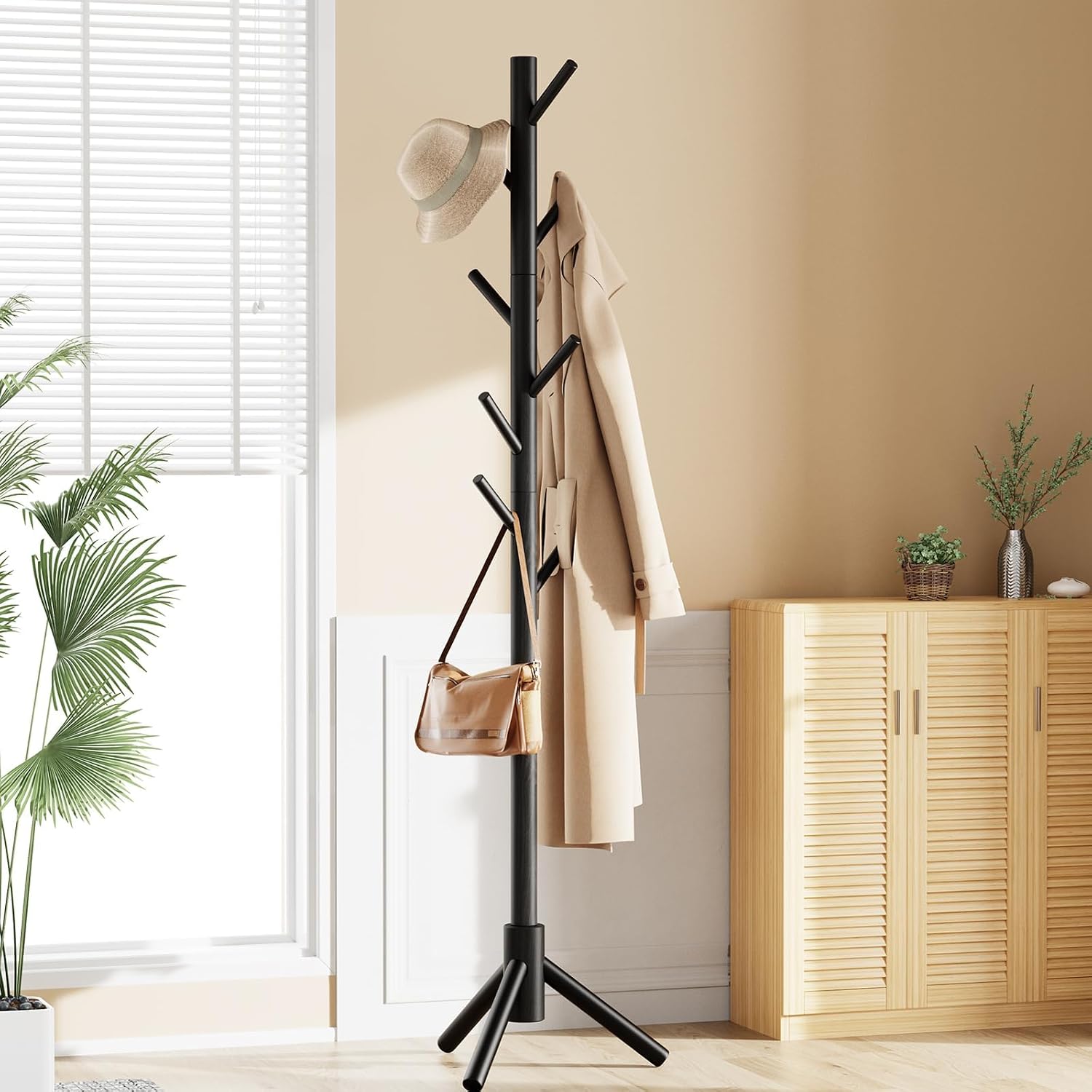 Pipishell Solid Wooden Coat Rack Freestanding with 8 Hooks, Black