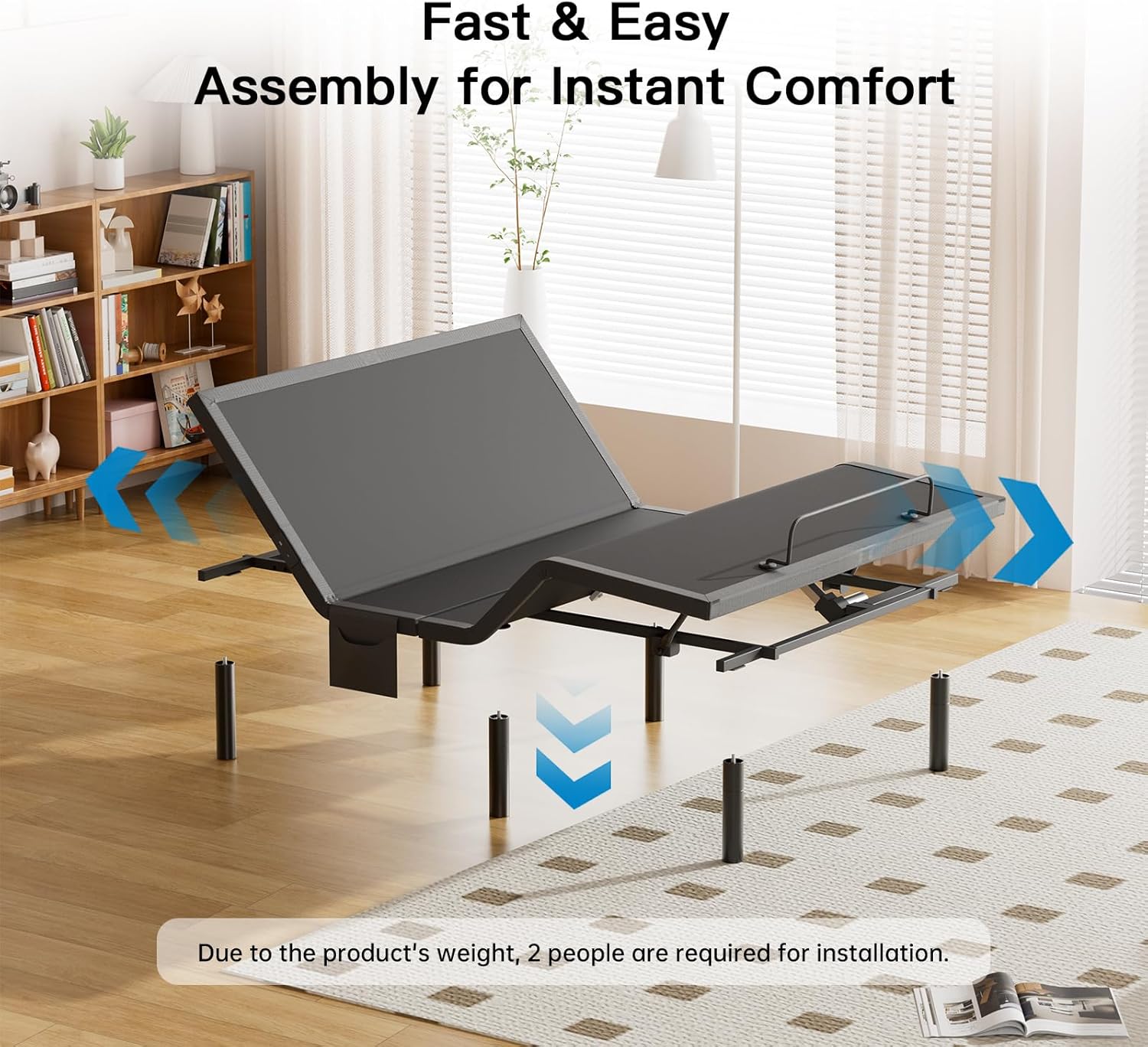 Pipishell Queen Adjustable Bed Frame with Massage, Electric Bed Base with Head & Foot Incline, USB-A & USB-C Ports, LED Under-Bed Lighting, 4 Leg Height Options, and Easy 3-Step Assembly