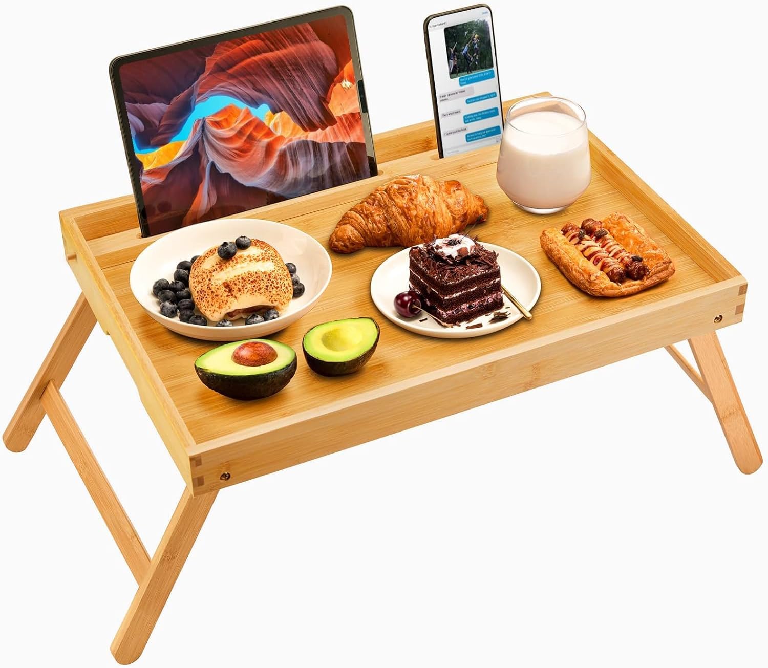 Pipishell Large Bed Tray Table with Folding Legs & Slot, Bamboo, Natural
