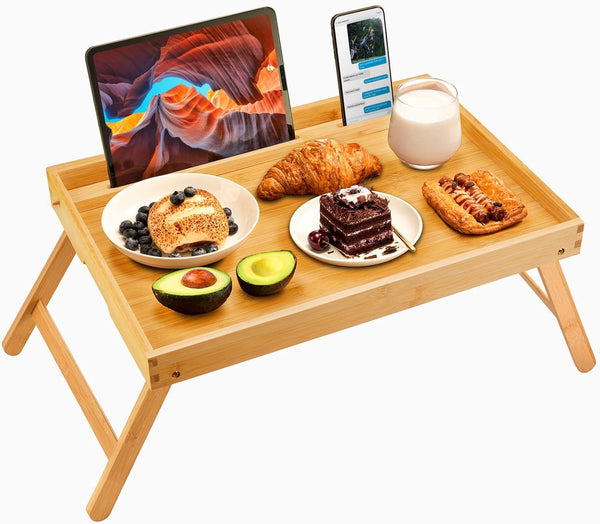 Pipishell Bed Tray Table with Folding Legs, Bamboo, Medium Size, Black