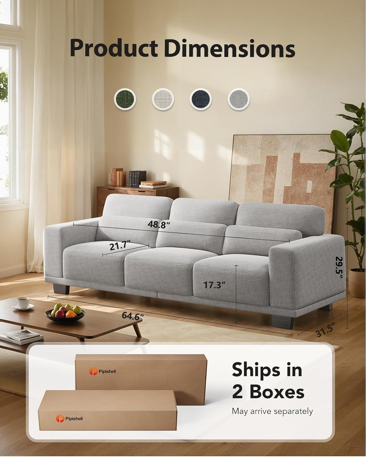 Pipishell 3 Seater Couch, Sofas for Living Room with Deep Seats and Wide Armrests, 89″ Comfy 3 Seater Sofa, Supportive with Thickened Cushion, Cotton-Linen Couches, Removable & Washable Covers, Grey