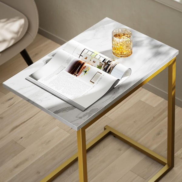 Pipishell C Shaped End Table 27 inches High, Side Table with Modern Marbling Wood Table Top for Couch Slide Under, C Table Sofa Side End Table for Living Room