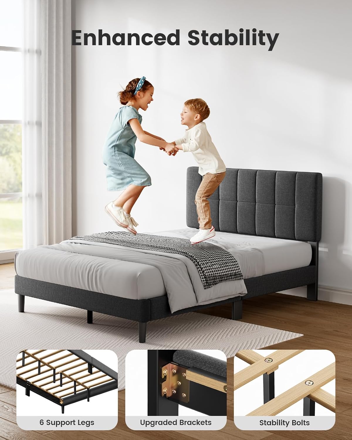 Pipishell Queen Bed Frame with 12 Thickened Legs&Fabric Upholstered Headboard,1300 lbs Strong Weight Capacity, Adjustable Headboard, No Box Spring Needed, Easy Assembly, Underbed Storage（Solid Wooden）