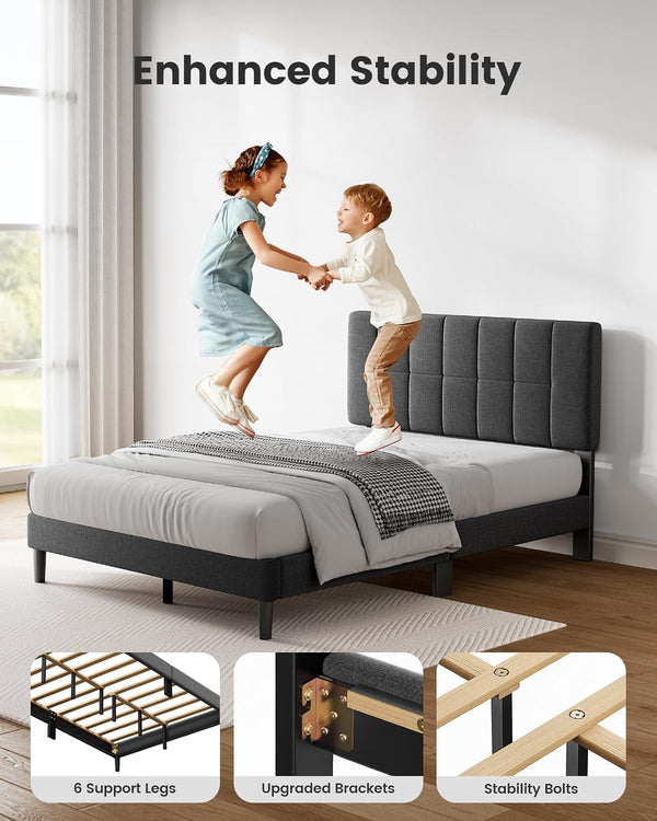 Pipishell Queen Bed Frame with 12 Thickened Legs&Fabric Upholstered Headboard,1300 lbs Strong Weight Capacity, Adjustable Headboard, No Box Spring Needed, Easy Assembly, Underbed Storage（Solid Wooden）