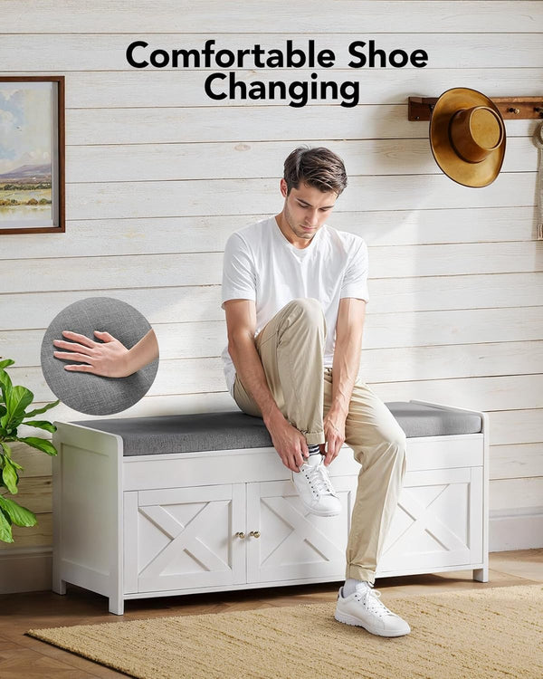 Pipishell 2-Tier Shoe Storage Bench with Cushioned Seat, Entryway Bench with Adjustable Shelf & Barn Doors, 300 lbs Capacity, 43.4" W x 16" D x 18" H, for Entryway, Bedroom, Living Room, White