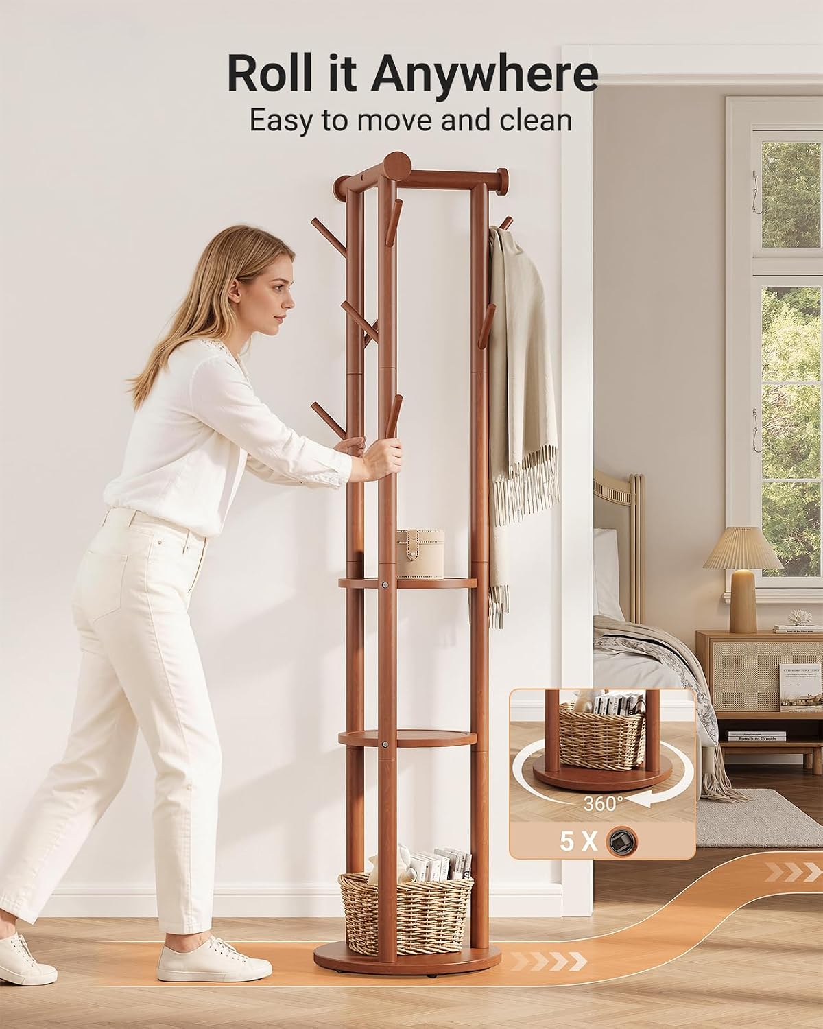 Pipishell Solid Wood Freestanding Coat Rack with 5 Wheels, 9 Hooks, Shelves