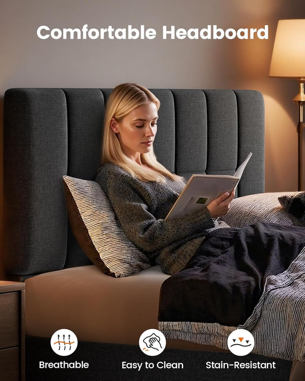 Pipishell Queen Bed Frame with 12 Thickened Legs&Fabric Upholstered Headboard,1300 lbs Strong Weight Capacity, Adjustable Headboard, No Box Spring Needed, Easy Assembly, Underbed Storage（Solid Wooden）