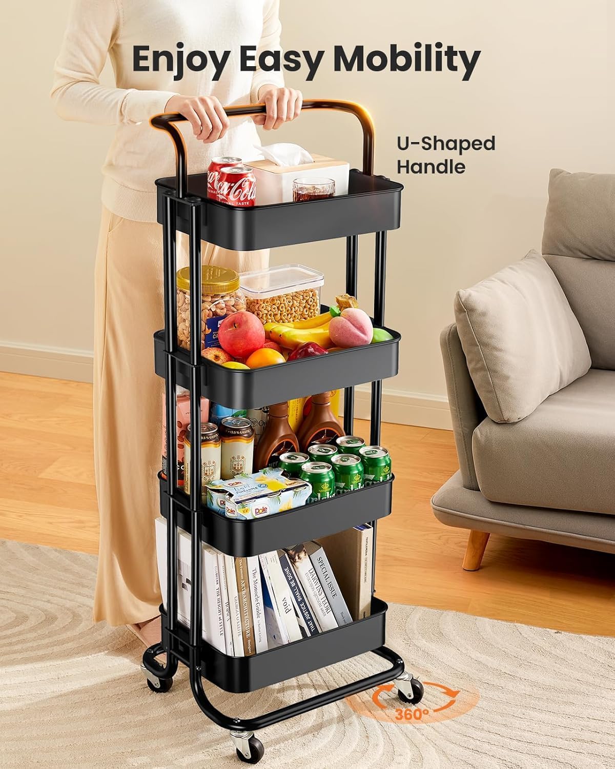 Pipishell 4 Tier Mesh Utility Cart, Rolling Metal Organization Cart with Handle and Lockable Wheels, Multifunctional Storage Shelves for Kitchen Living Room Office White, PIUC12B