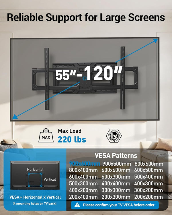 Pipishell Large Full Motion TV Wall Mount for 55–120 Inch TVs up to 220 lbs