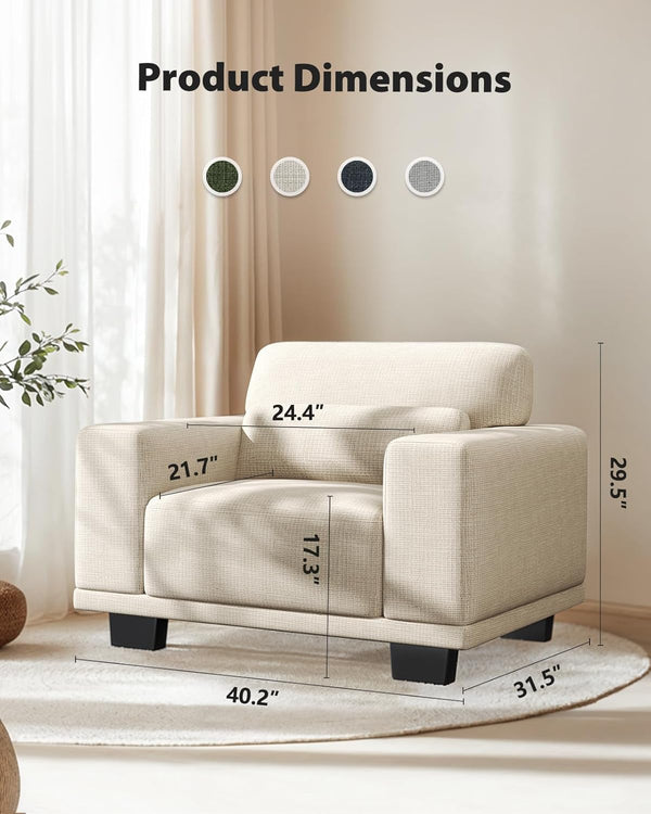 Pipishell Accent Chair, Modern Linen Living Room Chairs with Thick Cushion & Wide Armrests, Reading Chair Comfy Arm Chair, Removable Sofa Cushion and Cover, Easy to Install, White